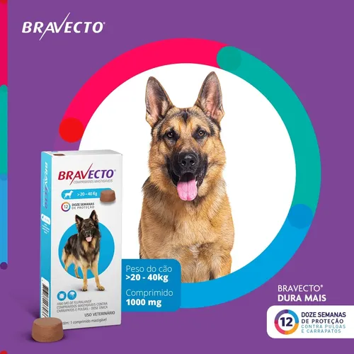Bravecto Cães 20-40kg 1000mg 1 Comp. Mastigável Msd Azul 10