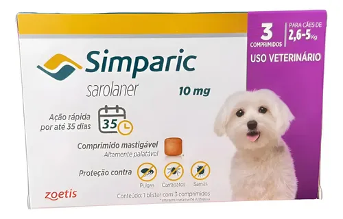 Simparic 10mg C/ 3 Comprimidos para Cães 2,6kg a 5kg Proteção Completa Antipulgas e Carrapatos