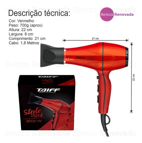 Secador de Cabelo Taiff Style Profissional 2000W Iônico Vermelho 7