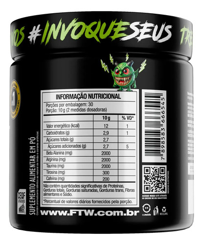 Pré Treino Pre Workout DIABO VERDE Pote 300g Sabor Limão FTW 4