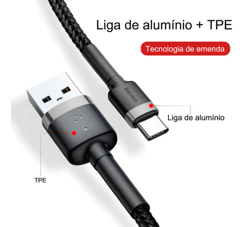 Cabo Rápido Usb Para Tipo- C Baseus Cafule Nylon 3a 1 Metro Cor Preto 8