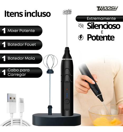 Mixer Elétrico Portátil 2 em 1 Recarregável Potente Misturador de Bebidas e Ovos 3 Velocidades Usb Batedor e Fue Fouet Marca Woosh 2