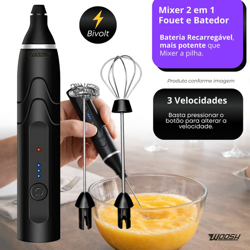 Mixer Elétrico Portátil 2 em 1 Recarregável Potente Misturador de Bebidas e Ovos 3 Velocidades Usb Batedor e Fue Fouet Marca Woosh 4