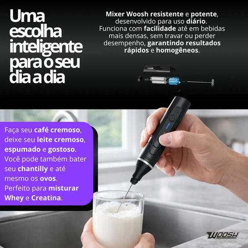 Mixer Elétrico Portátil 2 em 1 Recarregável Potente Misturador de Bebidas e Ovos 3 Velocidades Usb Batedor e Fue Fouet Marca Woosh 6
