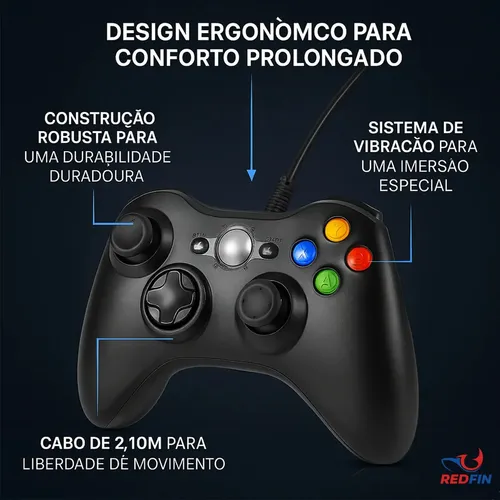 Controle Para Xbox 360 Com Fio USB e PC Preto Vibração Console Joystick Manete Gamepass Steam Tv Pc Android Pc Controle Pc Gamer - - Redfin 3