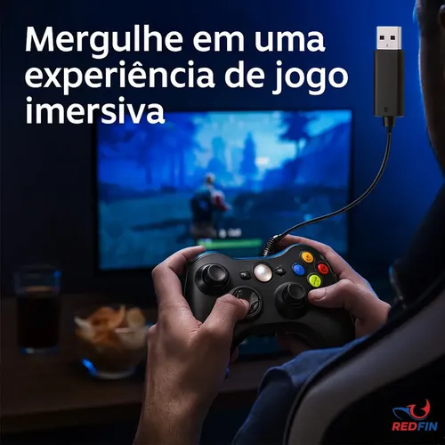 Controle Para Xbox 360 Com Fio USB e PC Preto Vibração Console Joystick Manete Gamepass Steam Tv Pc Android Pc Controle Pc Gamer - - Redfin 7