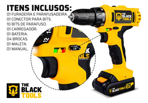 Furadeira Parafusadeira Sem Fio A Bateria Tb-12e 12v 3/8 10mm Com Maleta E Acessórios The Black Tools 2