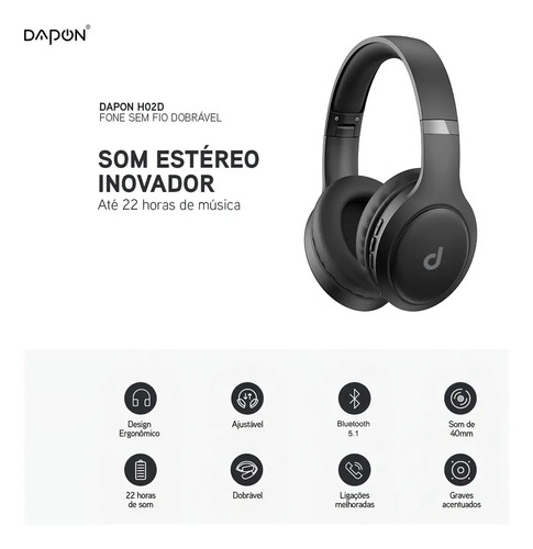 Fone De Ouvido Headphone Dapon H02D Bluetooth 5.1 Over-ear 22h Preto 8