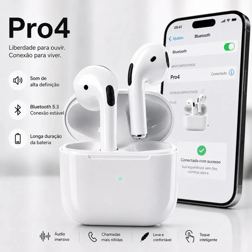 Fone De Ouvido Bluetooth Sem Fio Bateria de Longa Duração Pro 4 Branco Conecta Rápido Fast Plug Com Case Carregador E Microfone 2