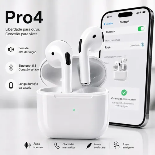 Fone De Ouvido Bluetooth Sem Fio Bateria de Longa Duração Pro 4 Branco Conecta Rápido Fast Plug Com Case Carregador E Microfone 3