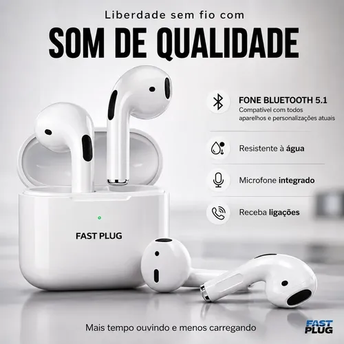 Fone De Ouvido Bluetooth Sem Fio Bateria de Longa Duração Pro 4 Branco Conecta Rápido Fast Plug Com Case Carregador E Microfone 6