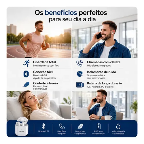 Fone De Ouvido Bluetooth Sem Fio Bateria de Longa Duração Pro 4 Branco Conecta Rápido Fast Plug Com Case Carregador E Microfone 7