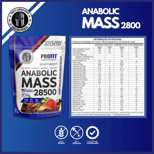 Hipercalórico Anabolic Mass 28500 3kg Profit Labs Sabor Chocolate com Morango 2