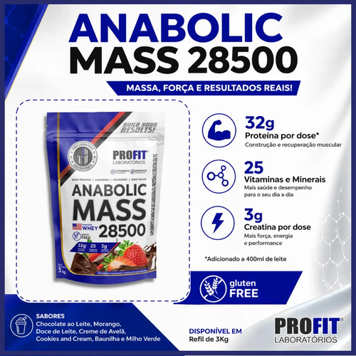 Hipercalórico Anabolic Mass 28500 3kg Profit Labs Sabor Chocolate com Morango 5