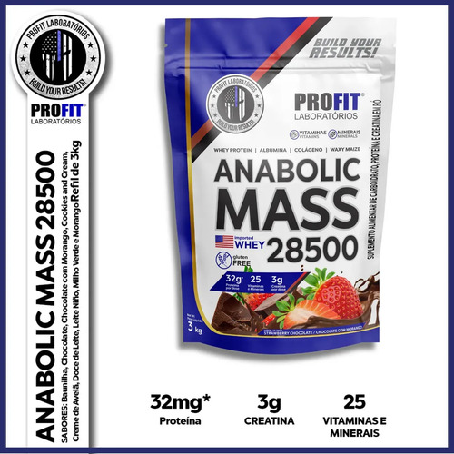Hipercalórico Anabolic Mass 28500 3kg Profit Labs Sabor Chocolate com Morango 6