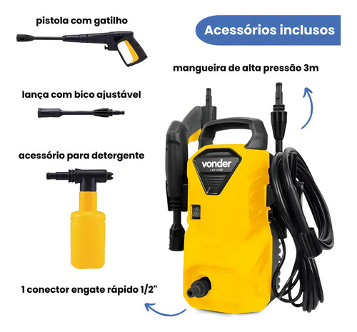 Lavadora de Alta Pressão Vonder LAV 1300 – 1300 Libras, Compacta, Potente, Ideal para Carros, Quintais e Limpezas Pesadas 2