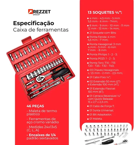 Kit Ferramentas Quicko 46 Peças Com Soquetes e Chaves Para Carro e Casa 5