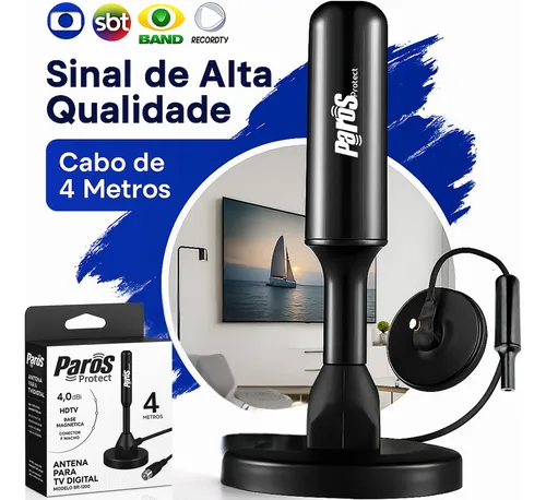 Antena Digital Interna Externa HDTV UHF Cabo Com Cabo Longo De 4 Metros Com Base Magnética Parosprotect