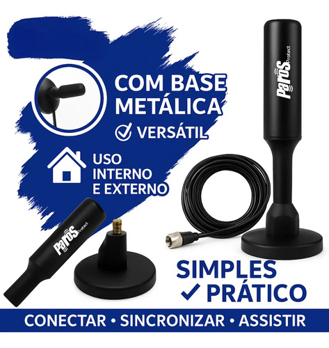 Antena Digital Interna Externa HDTV UHF Cabo Com Cabo Longo De 4 Metros Com Base Magnética Parosprotect 2