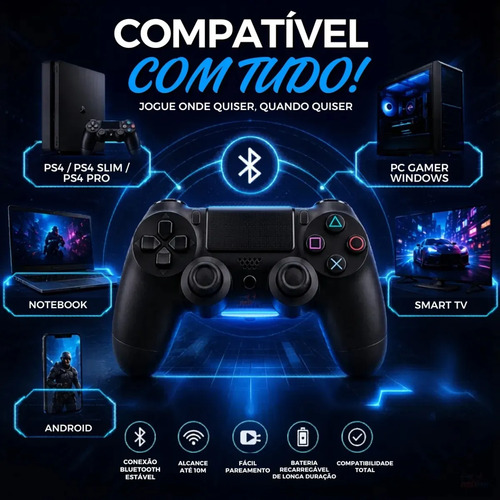 Controle Sem Fio Joystick Bluetooth Para Ps4 Videogame Tv Samsung Pc P4 Ps 4 Dual Shock Manete Pc Gamer Tv Smart Controle Bluetooth Celular Headset Sem Fio Com P2 - Marca Redfin 3