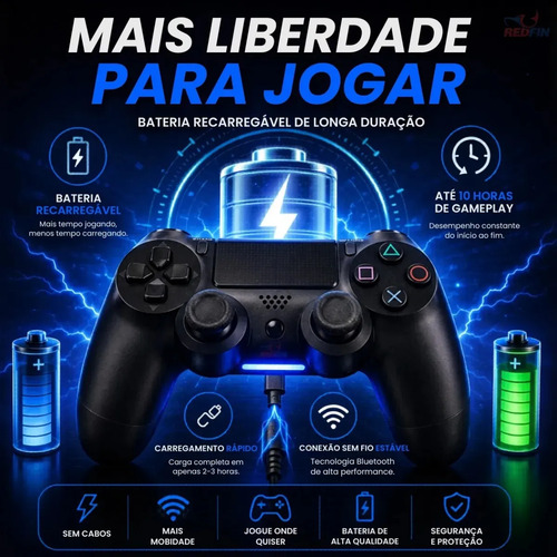 Controle Sem Fio Joystick Bluetooth Para Ps4 Videogame Tv Samsung Pc P4 Ps 4 Dual Shock Manete Pc Gamer Tv Smart Controle Bluetooth Celular Headset Sem Fio Com P2 - Marca Redfin 4