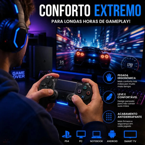 Controle Sem Fio Joystick Bluetooth Para Ps4 Videogame Tv Samsung Pc P4 Ps 4 Dual Shock Manete Pc Gamer Tv Smart Controle Bluetooth Celular Headset Sem Fio Com P2 - Marca Redfin 5