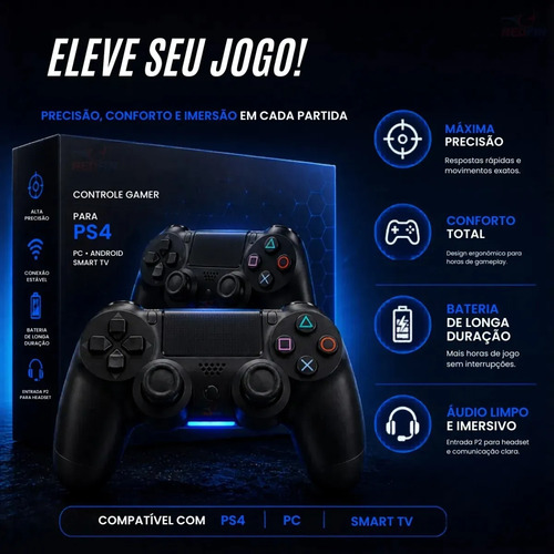 Controle Sem Fio Joystick Bluetooth Para Ps4 Videogame Tv Samsung Pc P4 Ps 4 Dual Shock Manete Pc Gamer Tv Smart Controle Bluetooth Celular Headset Sem Fio Com P2 - Marca Redfin 9