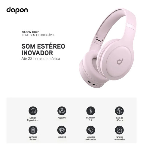 Fone De Ouvido Headphone Dapon H02d Bluetooth 5.1 Over-ear 22 Horas De Bateria Rosa 4