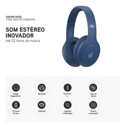 Fone De Ouvido Headphone Dapon H02d Bluetooth 5.1 Over-ear 22 Horas De Bateria Cor Azul 4