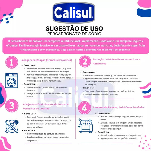 Percarbonato De Sódio 100% Tira Manchas Calisul - Roupas Brancas e Coloridas 3