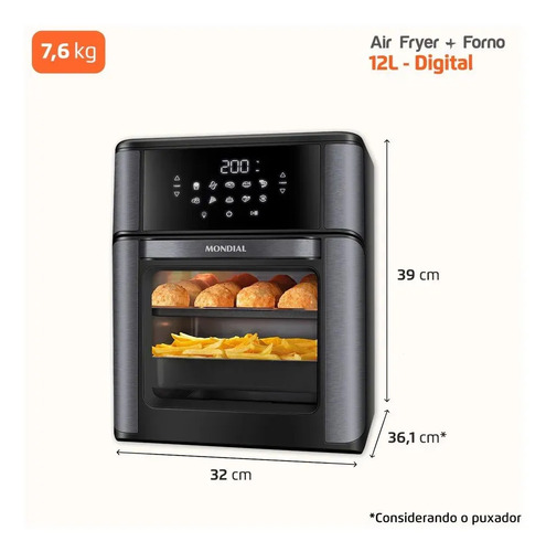Fritadeira Elétrica AFON-12L-BG Forno Oven 12 Litros Preto Mondial 9