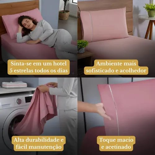 Jogo De Lençol Solteiro Micropercal 400 Fios C/ Fronha Ponto Palito 2 Peças Toque Aveludado Hotel Luxo Cor Rose 4