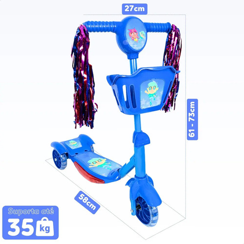Patinete Infantil 3 Rodas Com Led Som E Cesta Menino Menina Cor Azul 2