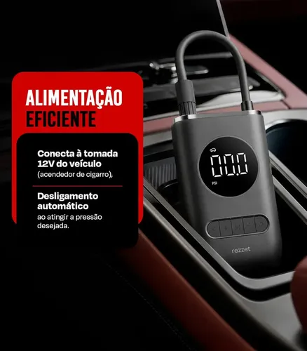 Mini Compressor Digital Portátil Rezzet para Carro Moto e Bicicleta com Calibrador Digital Inflador Elétrico de Pneus 12V Display LCD Lanterna LED Compacto e Recarregável Preto — foto 5