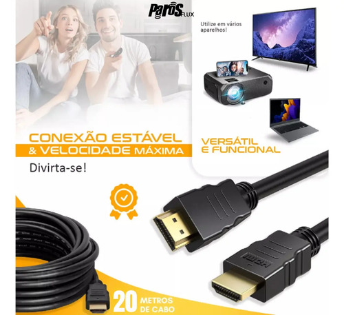 Cabo Hdmi 20m Metros Preto Premium 4k Blindado Gold 3d Full 3