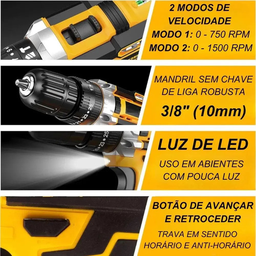 Parafusadeira Furadeira de impacto 3 Funções Profissional 2 Baterias Sem Fio Cor Amarelo 4