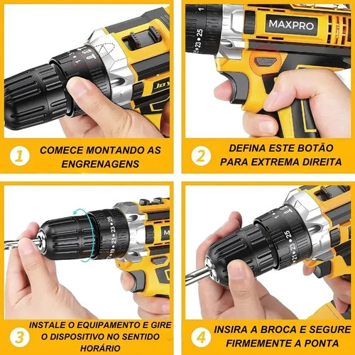 Parafusadeira Furadeira de impacto 3 Funções Profissional 2 Baterias Sem Fio Cor Amarelo 5