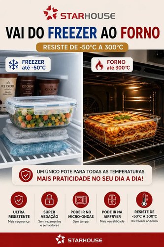 Kit 10 Potes Herméticos Vidro 640ml Starhouse Marmita Forno Micro-ondas Airfryer com 4 travas de super vedação 3