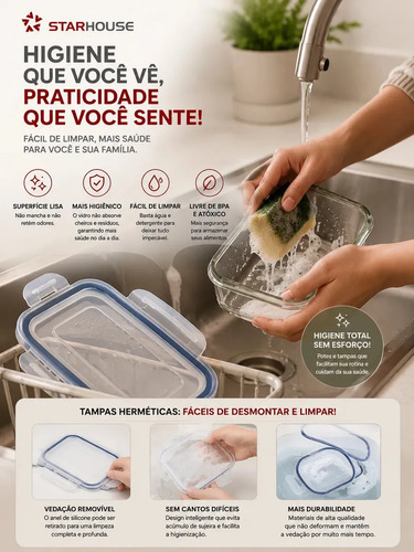 Kit 10 Potes Herméticos Vidro 640ml Starhouse Marmita Forno Micro-ondas Airfryer com 4 travas de super vedação 4