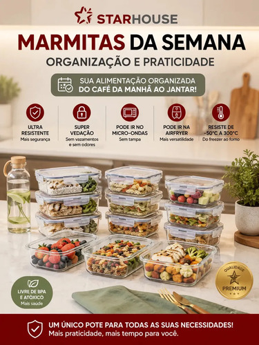 Kit 10 Potes Herméticos Vidro 640ml Starhouse Marmita Forno Micro-ondas Airfryer com 4 travas de super vedação 5