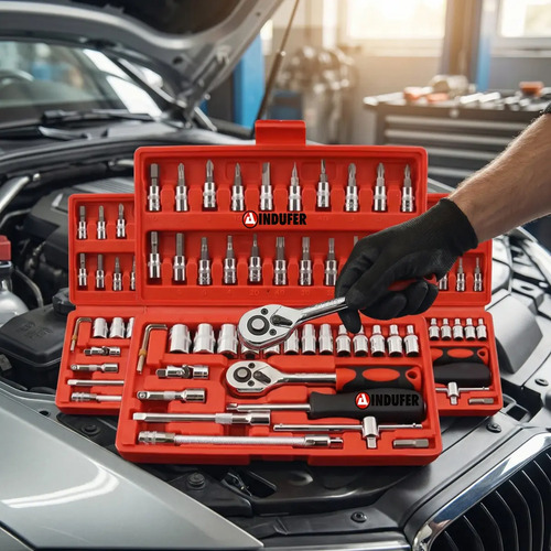 Kit Chave Catraca Soquete 46 Peças Indufer em Cromo Vanádio, para Manutenção de Carros e Motos 2