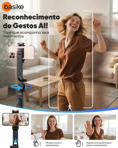 Tripé Inteligente 1.8m com Rastreamento Facial AI Estável 360° para Celular、Câmera、Vlog E Gopro, Basike Tripé Celular Profissional Universal Bastão Selfie Com Controle Remoto Bluetooth 3