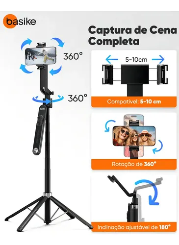 Tripé Inteligente 1.8m com Rastreamento Facial AI Estável 360° para Celular、Câmera、Vlog E Gopro, Basike Tripé Celular Profissional Universal Bastão Selfie Com Controle Remoto Bluetooth 4