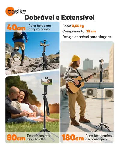 Tripé Inteligente 1.8m com Rastreamento Facial AI Estável 360° para Celular、Câmera、Vlog E Gopro, Basike Tripé Celular Profissional Universal Bastão Selfie Com Controle Remoto Bluetooth 9
