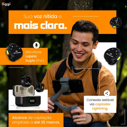 Microfone Lapela Redondo Imã Sem Fio Preto Duplo Anti Ruído Cor Preto - Lightning IPhone 8 ao 14 2