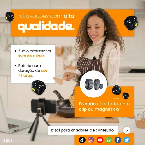 Microfone Lapela Redondo Imã Sem Fio Preto Duplo Anti Ruído Cor Preto - Lightning IPhone 8 ao 14 4