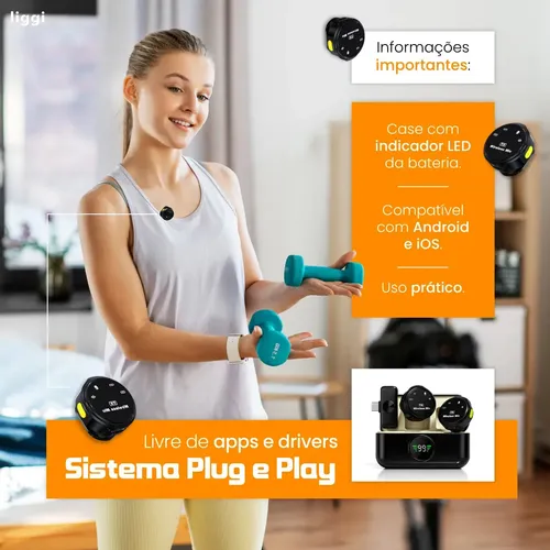Microfone Lapela Redondo Imã Sem Fio Preto Duplo Anti Ruído Cor Preto - Lightning IPhone 8 ao 14 5