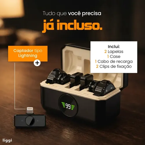 Microfone Lapela Redondo Imã Sem Fio Preto Duplo Anti Ruído Cor Preto - Lightning IPhone 8 ao 14 7