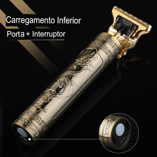 Máquina De Cortar Cabelo E Aparador De Barba Dr. Hank Dragão Dourado Lâmina T Profissional Sem Fio Recarregável Usb, 4 Pentes 1 Ao 4 Mm Motor Potente 4