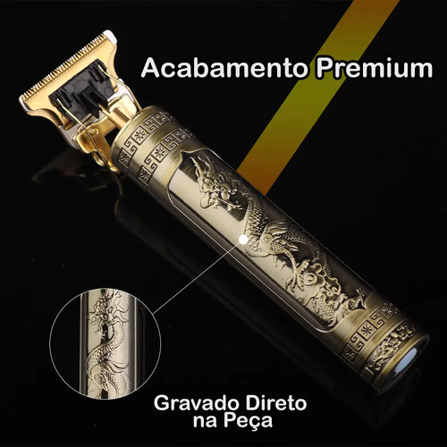 Máquina De Cortar Cabelo E Aparador De Barba Dr. Hank Dragão Dourado Lâmina T Profissional Sem Fio Recarregável Usb, 4 Pentes 1 Ao 4 Mm Motor Potente 5